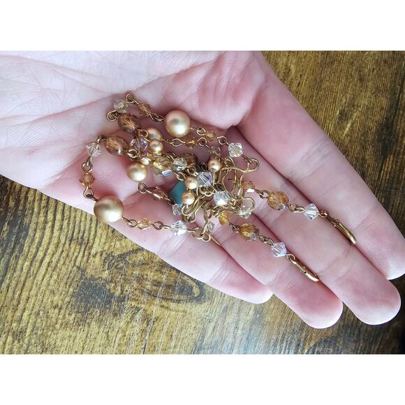 Pair of Vintage 1990s Long Dangle Earrings Gold Tone Chain Beaded Style - Picture 3 of 3